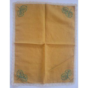 Vintage Orange Lace Linen Tea Towel With Embroidered Leaves